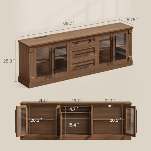 Itaar Farmhouse TV Stands for 80 Inch TV with Storage for Living Room | 3 Storage Cabinets, 1 Drawer, Living Room & Bedroom, Wood Media Console (Brown, 69.7 in) - color: Brown, size: 69.7 IN