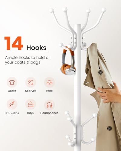 Pipishell Metal Coat Rack Freestanding with 14 Hooks, White | Durable metal frame, stable four-point base, 2 hook heights for adults and kids, smooth rods & hooks prevent clothing snags - color: white