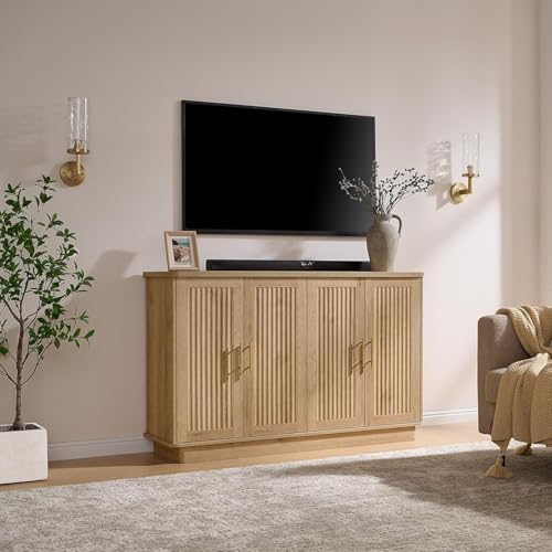 Okvnbjk Modern Sideboard Buffet Cabinet with Storage, Oak | Fluted Coffee Bar Cabinet with 4 Doors & Adjustable Shelves for Kitchen, Dining Room, Living Room & Hallway - color: Oak