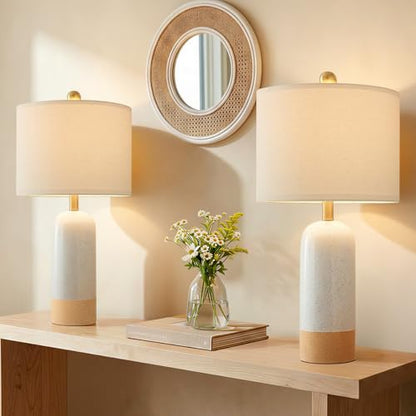 PoKat 24'' White Ceramic Table Lamps Set of 2, Farmhouse for Living Room | Modern Bedside Lamps for Bedroom, Two-Tones Design, Earthy Yellow Base, Splatter Pattern, Boho Lamps for Nightstand, Entryway - color: White & Earthy Yellow