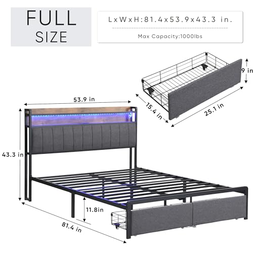 Ailisite Upholstered Full Size Bed Frames with 2 Tier Storage Headboard, LED Bed Frame with 2 Storage Drawers, Grey Platform Bed Frame with Charging Station & Typ-C Charging Port, No Box Spring Needed - color: Dark Grey, size: Full
