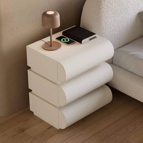 homary Smart Nightstand with Wireless Charging, USB & Type-C Ports – Modern White Leather Night Stand with 3 Drawers, Bedside Table for Bedroom - size: 3 Drawers