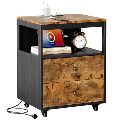 Bedroom Nightstand with Charging Station, Side Table with 2 Drawers,Sofa End Table Living Room with Wheels for Living Room Bedroom Office(Rustic Brown + Black) - color: [A2] Black & Brown