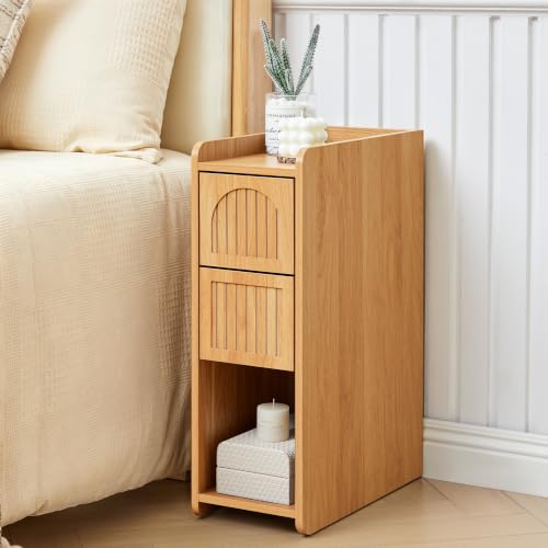 Narrow Nightstand Set of 2, Wooden Small 2 Drawer Nightstand, Slim Side End Table, Skinny Bedside Table, Mid Century Modern Night Stand with Drawers for Bedroom (Yellowish Natural) - color: Yellowish Natural