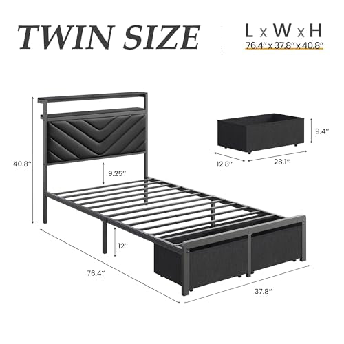 Twin Bed Frame with Upholstered Headboard, 2 Storage Drawers,Easy Assembly | Metal Platform with LED Lights, Charging Station, 2 Storage Shleves, No Box Spring Needed, Noise Free, Black - color: Black, size: Twin