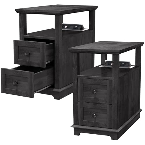 HIFYOBRO Narrow End Table with Flip Top Charging Station Set of 2 | Side Table with 2 Drawers, Type-C & USB Port & Power outlets, Wooden Storage Cabinet for Living Room and Bedroom - color: Blackgrey, size: 1 Set