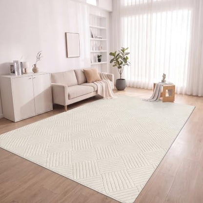 6x9 Living Room Area Rug, Beige Soft Geometric Fluffy Bedroom Mat | Washable Modern Indoor Floor Mat, Non Slip Shaggy Boho Accent Throw Carpet for Office, Dorm, Nursery and Dining Room - size: 6' x 9' (Rectangular)
