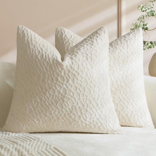Cream White Chenille Throw Pillow Covers 18x18 Inch Set of 2, Jacquard Abstract Textured Decorative Pillow Cases, Farmhouse Solid Color Accent Pillows for Couch Sofa Bed - color: Cream White, size: 18" x 18" (Pack of 2)