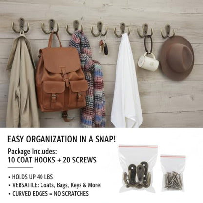HomeSoGood 10pcs Metal Antique Hooks Double Prong Wall Door Coat Hanger Retro Key Holder Hat Bag Clothes Towel Organizer Shelf Storage(2.16inch,Bronze Tone)