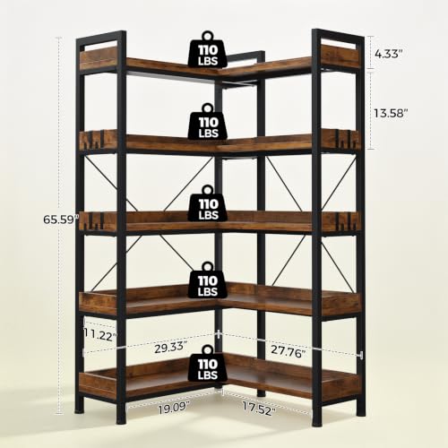 GTPLAYER 5-Tier Corner Bookshelf, L-Shaped Metal Frame Shelf with Tall 14" Shelves, Plant Stand and Storage Rack for Small Spaces, Living Room and Home Office, Vintage Brown - color: Vintage Brown, size: 5 Tier