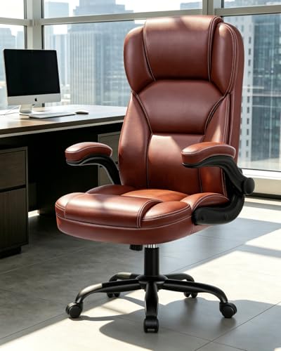 Leather Office Chair with Flip Up Arms, 360° Swivel Ergonomic Desk Chair with Wheels, Adjustable Height Computer Chair with Padded Seat for Home Office, Study,Gaming Room, Brown - color: Brown