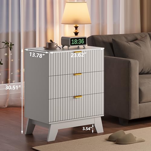 Fluted Nightstand with 3 Large Drawers, Wooden Side End Table with Elevated Legs for Easy Cleaning, Sturdy Modern Beside Table for Small Space, Bedroom, White, 24" L - color: White