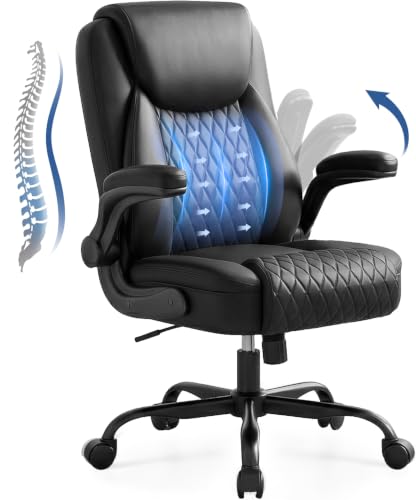 GTPOFFICE Executive Office Chair with Comfortable Lumbar Support, Ergonomic Gaming Chair with Flip-up Armrests & Zoned Pressure-Relief Cushion, Comfy PU Leather Desk Chair, Black - color: Black
