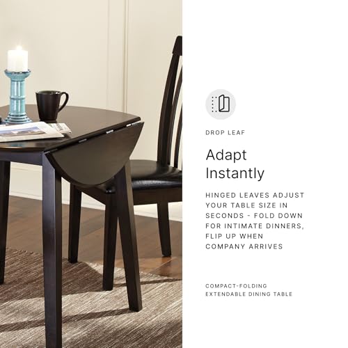 Signature Design by Ashley Small Round Drop Leaf Dining Table, Brown | Dual-hinged 36-inch extendable top for compact spaces, Made of veneers, wood and engineered wood, Hammis Series - color: Black