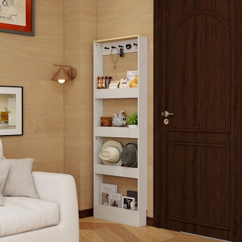 Behind Door Bookshelf Kids,Wooden Slim Tall Bookshelf 4-Tier Narrow Shelf | Space-Saving Book Shelf Organizer for Toys & Story Books Wall Mount Shelves with 5 Hooks Bedroom Living Room Antique White