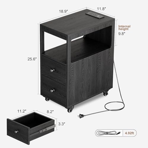 Narrow End Table with Charging Station and Wheels, Movable Narrow Sofa Side Table with USB Ports and Outlets for Small Space, Living Room, Bedroom and Office, Bedside with 4 Wheels (Black) - color: [A1] Black