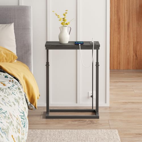 TUTOTAK End Table with Charging Station, Side Table, Tall Couch Table | Sofa Table, for living Room, Bedroom, Grey TB01BY084 - color: Grey, size: 1 Pack, style: With Plug