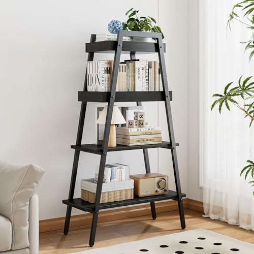 VECELO Ladder Shelf, 4 Tier Wooden Bookshelf with Metal Frame, Freestanding Bookcase Display Shelves and Plant Stand for Living Room/Farmhouse/Bedroom/Home Office-Black - color: Black