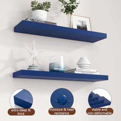fuqing 30 Inch Floating Shelves, 6.7 Inch Deep Blue Wall Shelves Set of 2 | 30'' x 6.7'' x 1.4'' Dark Blue Shelves for Boys' Room Living Room, 40LBS, Lightweight, Hardware Included, Waterproof Finish - color: Dark Blue, size: 30 Inch
