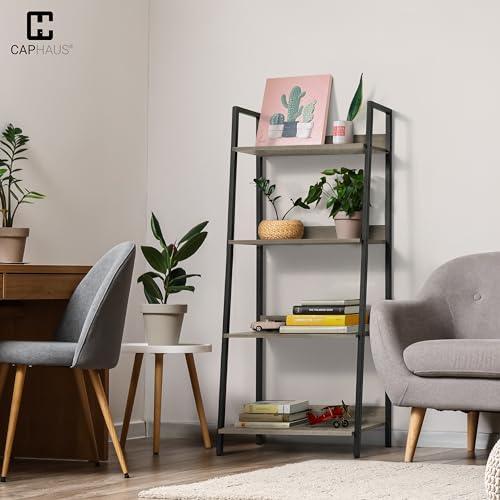 CAPHAUS 4 Tier Ladder Bookshelf, 24 Inch Width Free Standing Shelf, Bookcase Shelf Storage Rack Organizer, Industrial Book Shelves for Home Office, Living Room, Kitchen, Dark Grey Wooden Shelves - color: Dark Grey, size: 4-Tier