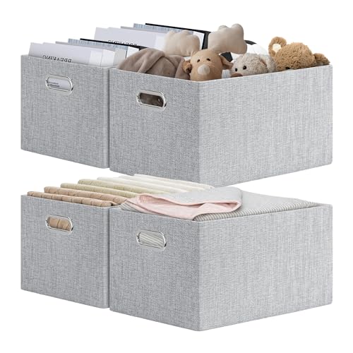 Posprica Closet Organizers and Storage, 4 Pack Large Linen Storage Bins, Decorative Shelf Storage Baskets for Organizing, Foldable Fabric Storage Box for Clothes, 15x10.5x8.25 Inch(Grey) - color: Grey, size: 15Lx10.5Wx8.25H
