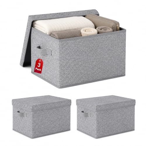 WUIKE Foldable Storage Bins with Lids, Storage Boxes with Handles, Closet Shelf Organizer, Fabric Storage Baskets for Bedroom, Decorative Storage Containers, Large, Ash Gray, 3-Pack - color: Ash Gray, size: Large