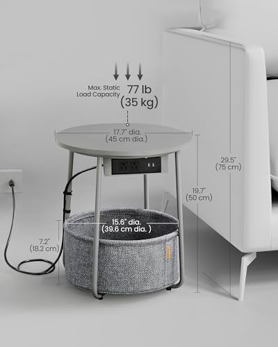 VASAGLE LILEA Collection - Side Table with Charging Station, Round End Table with Fabric Basket, Nightstand with USB Ports, for Living Room, Bedroom, Modern, Dove Gray and Slate Gray ULET228G01 - color: Dove Gray + Slate Gray