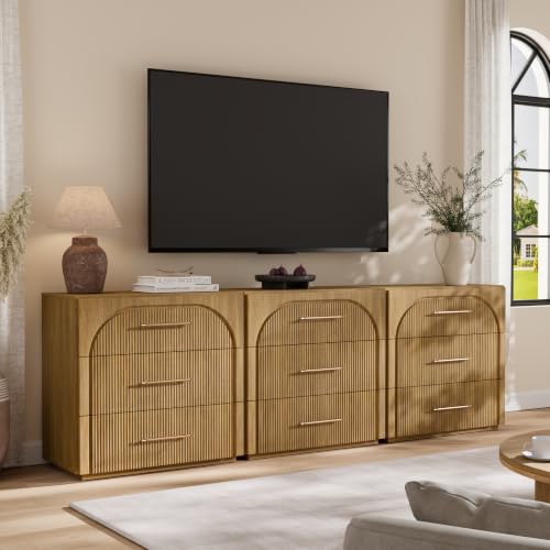 Buffet Cabinet with 3 Storage Drawers, 94.5'' Wide Mid-Century Modular Sideboard Storage Cabinet, Wooden Arched Credenza Cabinet for Kitchen, Coffee Bar, Living Room, Entryway, Natural Oak - color: Oak-drawers