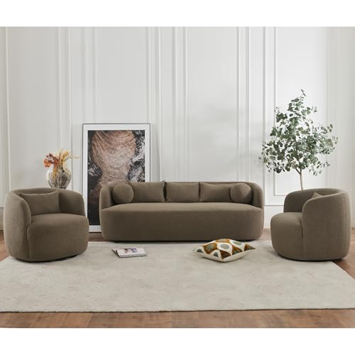 KINWELL 85" Boucle Upholstered Sofa with 2 Swivel Chairs, Teddy Brown | No Assembly Sherpa Living Room Furniture Sets, 3-Seater Couch Settee and Barrel Chairs Armchairs for Small Spaces Apartment - color: Teddy Brown, size: Sofa + 2 Chairs