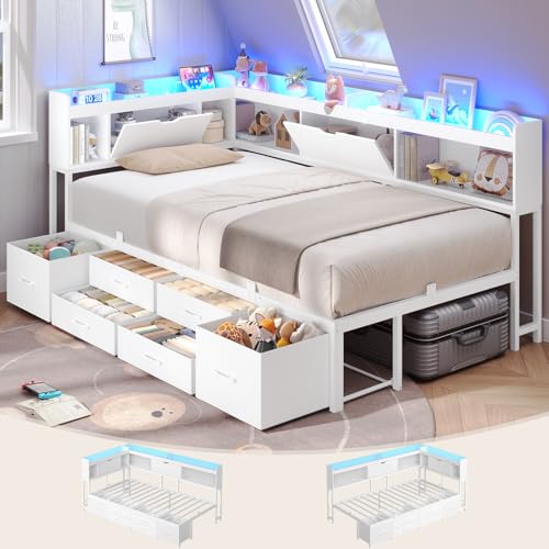AOGLLATI Twin Corner Bed Frame with Bookcase and Hidden Storage & Metal Platform Twin Size Daybed with 6 Drawers,Charging Station, Led Lights- for Kids, Teens, White - color: White, size: Twin