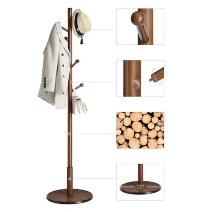 VASAGLE Solid Wood Coat Rack, Free Standing Hall Coat Tree with 7 Hooks, 3 Height Options, for Coats, Hats, Bags, Purses, for Entryway, Hallway, Rubberwood Hooks and Pole, Dark Walnut URCR07WN - color: Dark Walnut, style: Round Base + Spherical Hooks