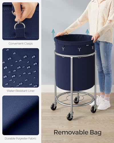 SONGMICS 29-Gallon (110 L) Laundry Basket with Wheels, Rolling Round Heavy-Duty Laundry Hamper Cart with Steel Frame and Removable Bag, 2 Locking Wheels, Charcoal Blue and Metallic Silver URLS002Q01 - color: Charcoal Blue + Metallic Silver, size: 110 L (1