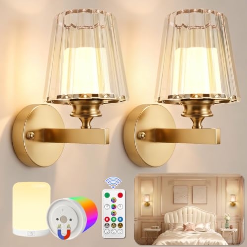 Adetu 10.4 Inch Crystal Wall Sconces Set of 2, Battery Operated Wall Sconce | 10000mAh Magnetic Bulbs and Remote, 5%-100% Dimmable, RGB Rechargeable Wall Lights for Bedroom Living Room Hallway Deco - color: Gold, size: 10.4 Inch