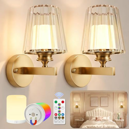 Adetu 10.4 Inch Crystal Wall Sconces Set of 2, Battery Operated Wall Sconce | 10000mAh Magnetic Bulbs and Remote, 5%-100% Dimmable, RGB Rechargeable Wall Lights for Bedroom Living Room Hallway Deco - color: Gold, size: 10.4 Inch