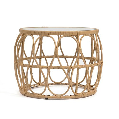 Furniture of America Ysar Boho Rattan Round Coffee Table Outdoor with 5mm Tempered Glass Top, All-Weather and Rust Resistant Patio Furniture - color: Natural/18.9 In.