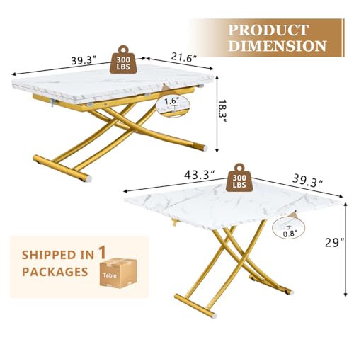 Adjustable Height Coffee Table, Folding Dining Table, White&Gold | Convertible lift top table for use as a coffee table, dining table, home office desk or vanity - color: White & Gold Legs