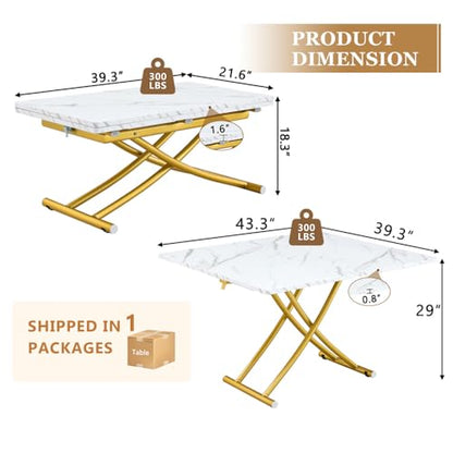 Adjustable Height Coffee Table, Folding Dining Table, White&Gold | Convertible lift top table for use as a coffee table, dining table, home office desk or vanity - color: White & Gold Legs