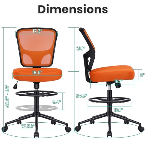 Armless Drafting Chair Tall Office Chair for Standing Desk - Adjustable Height Mesh Ergonomic Drafting Stool with Foot Ring & Wheels, Rolling Counter Height Computer Chair for Home Office - color: Orange