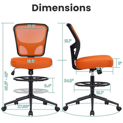 Armless Drafting Chair Tall Office Chair for Standing Desk - Adjustable Height Mesh Ergonomic Drafting Stool with Foot Ring & Wheels, Rolling Counter Height Computer Chair for Home Office - color: Orange
