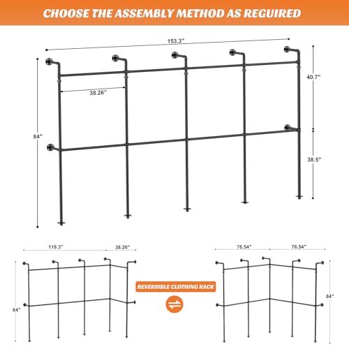 Aheaplus Industrial Pipe Clothing Rack, Reversible 13FT Clothes Rack for Hanging Clothes, Heavy Duty Garment Racks, Wall Mounted Closet Wardrobe, Corner L Shaped Walk-in Closet System, Black - size: 156.8 inches