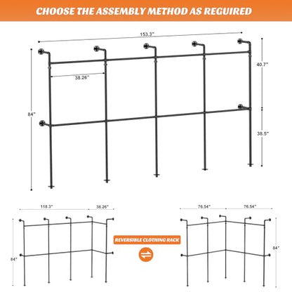 Aheaplus Industrial Pipe Clothing Rack, Reversible 13FT Clothes Rack for Hanging Clothes, Heavy Duty Garment Racks, Wall Mounted Closet Wardrobe, Corner L Shaped Walk-in Closet System, Black - size: 156.8 inches