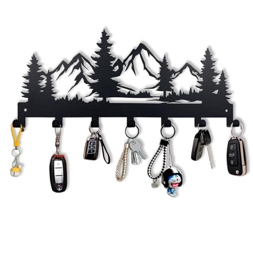 Metal Key Holder, Wall Mounted Key Hooks, Key Holder for Wall, Key Organizer Rack with 7 Hooks, Key Hanger Decor for Kitchen, Entryway, Hallway, Bedroom, Doorway (Mountain 12IN) - color: Mountain, size: 12 Inch