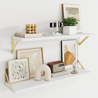 Dreamland Wall Mounted Floating Shelves Set of 2, 30x8, White&Gold | Engineered Wood, Visible Bracket, Large Storage, Hold Up to 50lbs, Living Room, Bathroom, Bedroom, Kitchen - color: White&gold, size: 30"W x 8"D