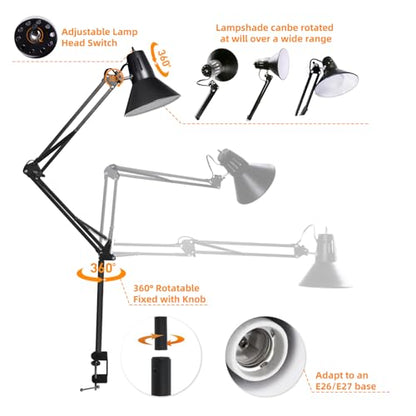 Black Desk Lamp with Clamp, Extra-Tall Adjustable Metal Swing Arm, 3000K | Manicurist Table Lamp for Nail Work, Drafting, Sewing, Crafting, College Dorm and Home Office, A19 Bulb Included