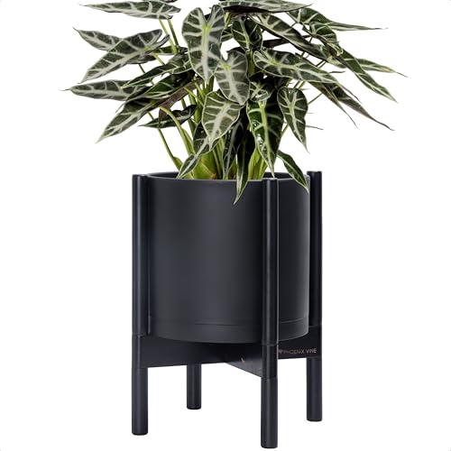D'vine Dev Plastic Pot with Ebony Wood Stand, Black, 10 in, 55-C-N-2 | Mid-Century Inspired Design, Elevated Plant Display, Clean Lines, Sturdy Support, Modern Space-Saving Style - color: Matte Black Pot + Ebony Stand, size: 10 Inch