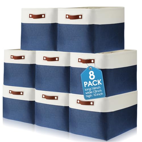 Uiifan 8 Pack 16 x 12 x 10 Inch Large Storage Baskets Collapsible Fabric Storage Cubes Bins with Handles for Shelves Closets Nursery Home Clothes Toys Organizers, Blue - color: Blue, size: 16 x 12 x 10 Inch