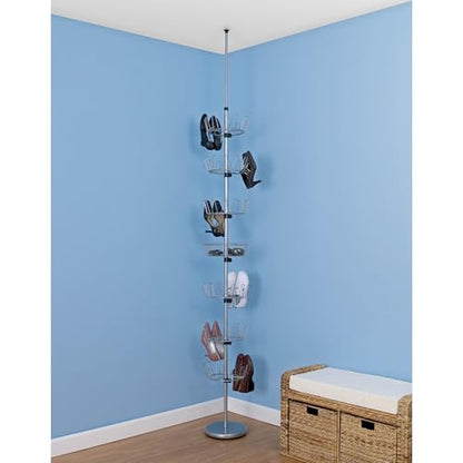 Household Essentials 2197-1 Floor to Ceiling Adjustable 6-Tier Revolving Shoe Rack with Basket - Silver - style: Floor-to-Ceiling