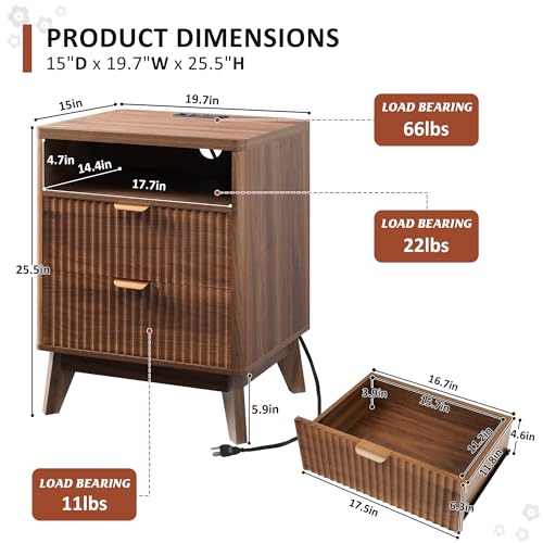 LYNCOHOME Fluted Nightstand with Charging Station, 19.7 inch Wide End Table with 2 Drawers, Modern Wood Bedside Table for Bedroom,Brown,1 Pcs - color: Walnut, size: 15"D x 19.7"W x 25.5"H（2 Drawers）