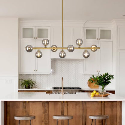 Mid Century Modern Globe Sputnik Chandelier, 9-Light Linear Chandeliers for Dining Room and Kitchen Island, Dining Light Fixture Over Table, Brass Gold and Smoke Grey Glass Bubble, 40 Inch - color: Gold Somke Grey, size: 9-Light 40 Inch