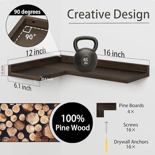 Floating Corner Shelves Set of 4, Rustic Pine Wooden Floating Corner Wall Shelf for Wall Décor Storage, L Shaped Corner Shelf Wall Mount For Bedroom, Living Room, Bathroom, Kitchen, Dark Brown. - color: Dark Brown Corner Shelves